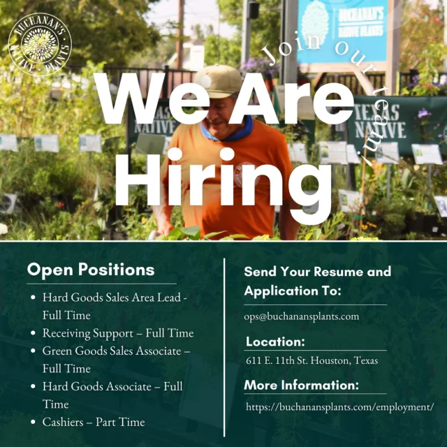 We Are Hiring!👋✨

Interested in joining our team? Check out these available positions and apply! 

#htx #hiring #houstonjobs #plantpeople #shopsmall #smallbusiness #familybusiness #jobs #houstonheights #houheights